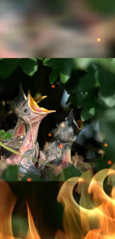 Young nestlings among green leaves with bright flames below.