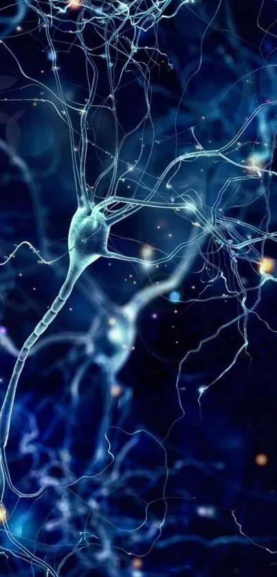 Neural connections in abstract blue wallpaper with glowing nodes.