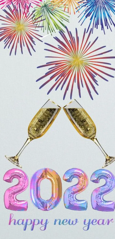 New Year 2022 wallpaper with fireworks and champagne glasses.