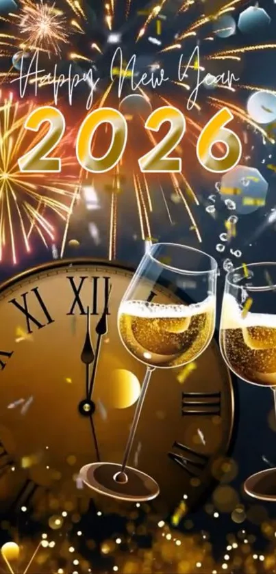 New Year 2026 wallpaper with fireworks and champagne.