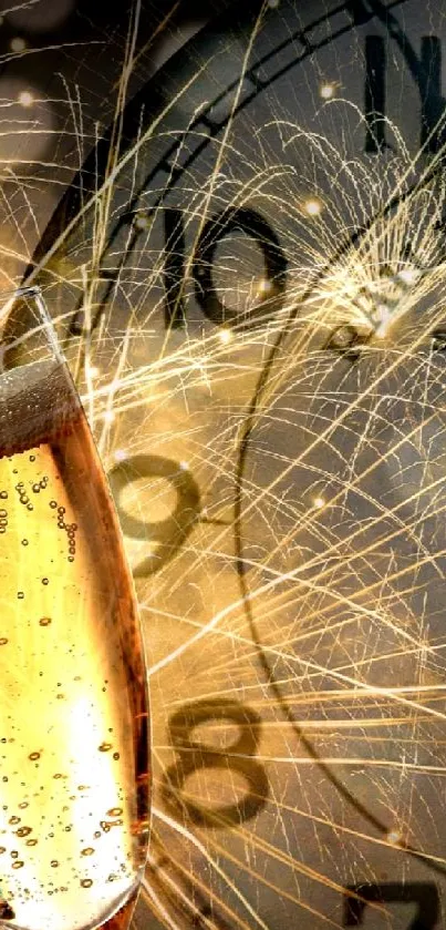 New Year wallpaper with champagne, clock, and fireworks.