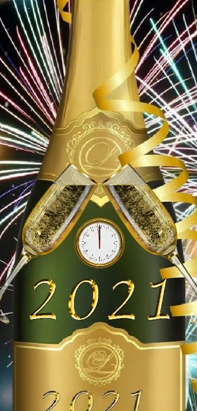 Golden champagne with 2021 fireworks wallpaper.