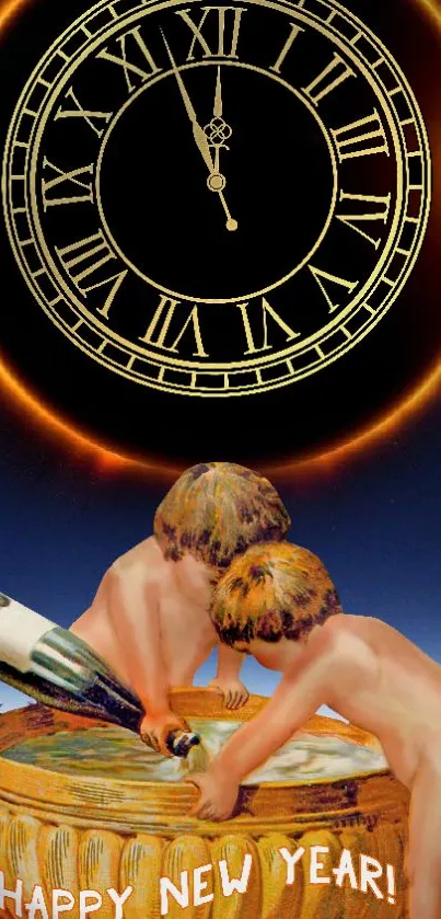 New Year wallpaper with clock, cherubs, and champagne bottle.