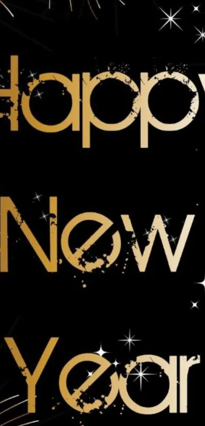 Happy New Year wallpaper with gold text and fireworks on black background.