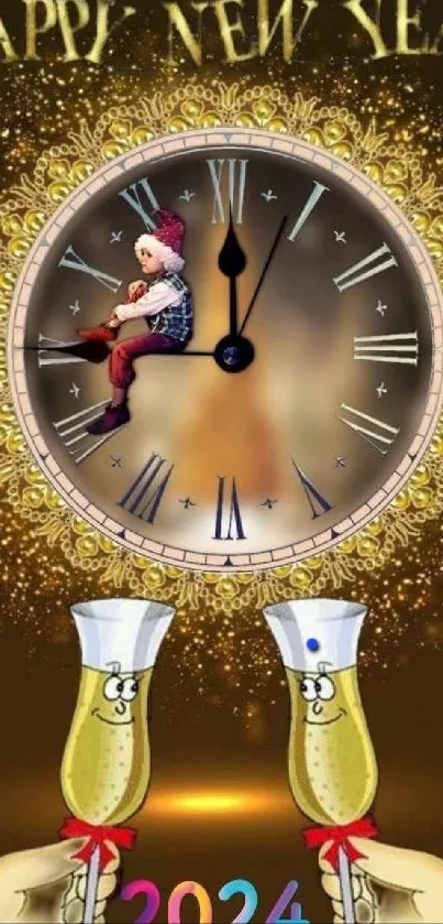 Festive New Year wallpaper with clock and champagne glasses.