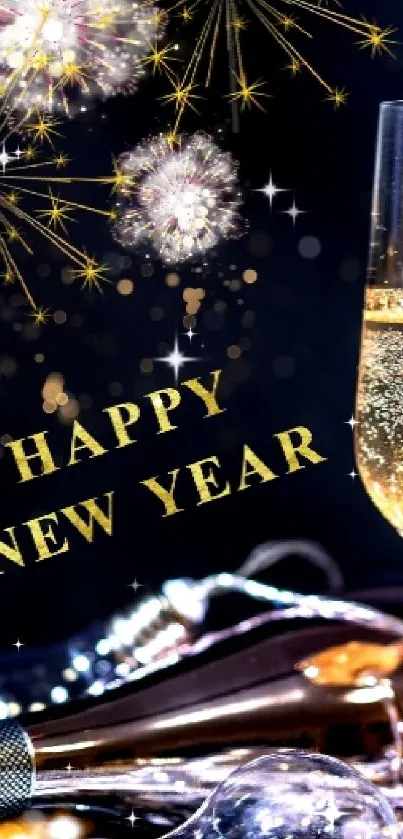 Festive New Year wallpaper with champagne and fireworks.
