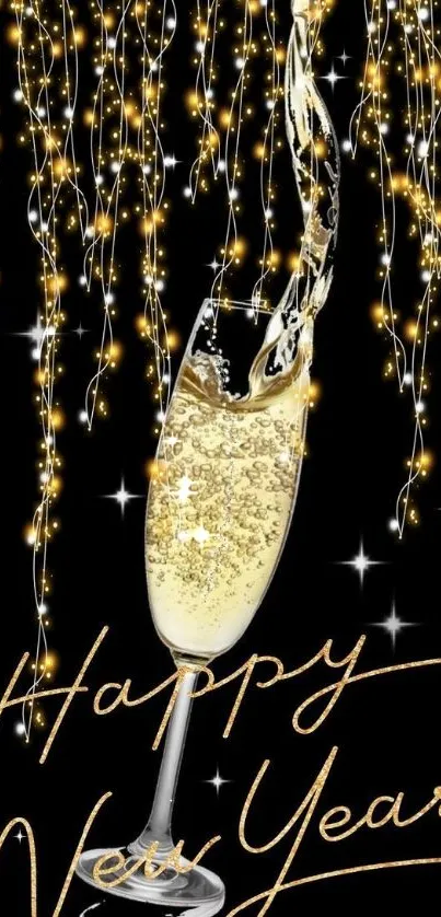 Happy New Year wallpaper with champagne glass and lights.