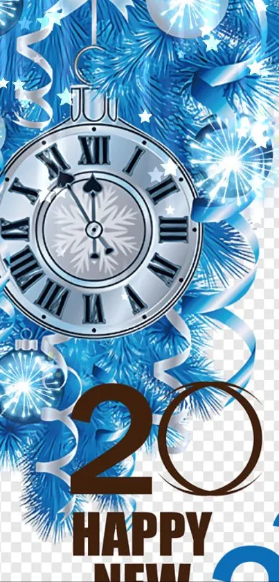 Blue New Year wallpaper with clock and decorations.