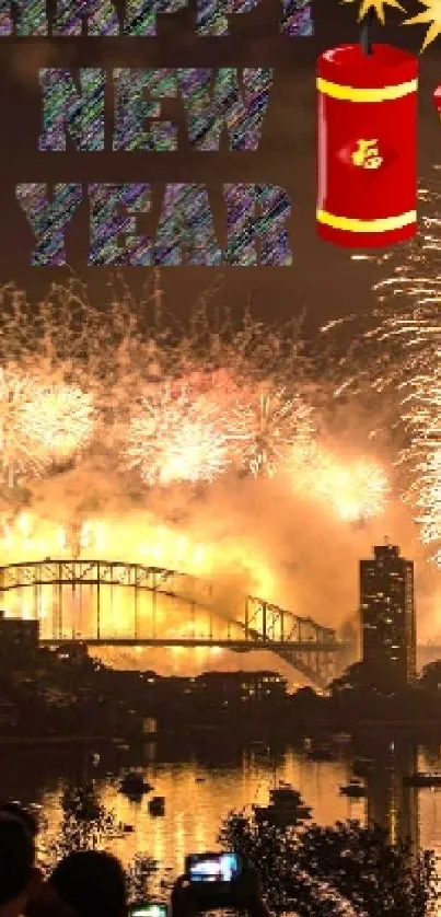 New Year fireworks over city skyline at night.