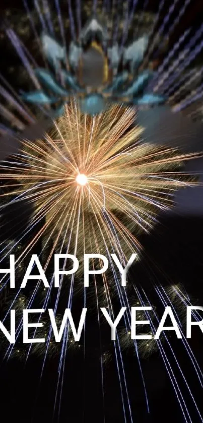 Happy New Year wallpaper with vibrant fireworks display.