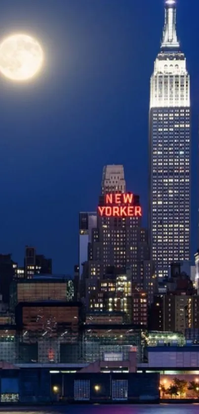 New York City skyline at night with full moon and skyscrapers.