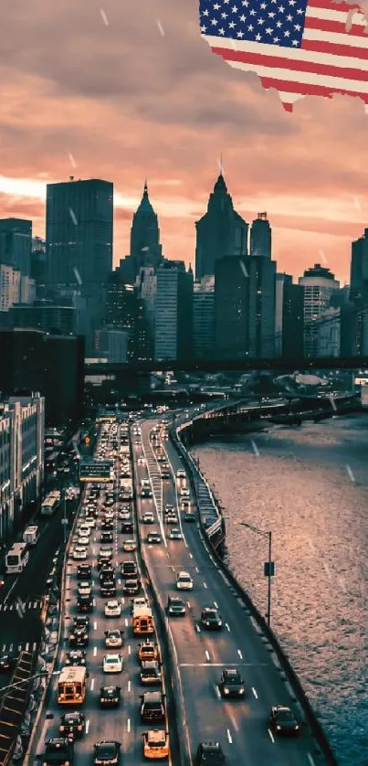 New York City skyline with Brooklyn Bridge at sunset, American flag in sky.