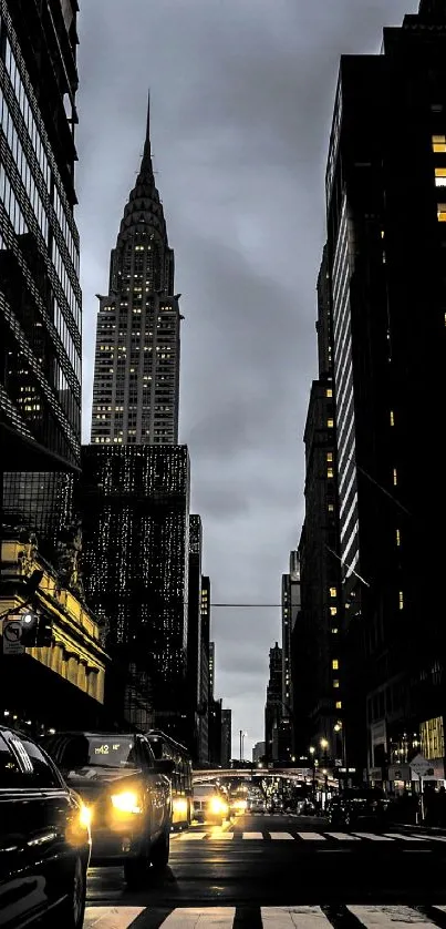 New York City street view with skyscrapers and lighting.