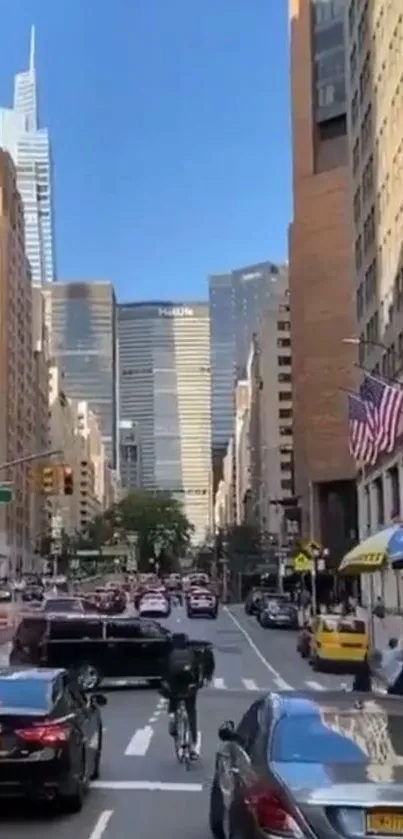 Bustling New York City street with taxis and skyscrapers