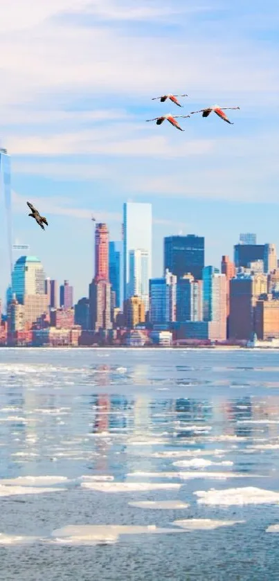 New York skyline with birds over icy waterfront.