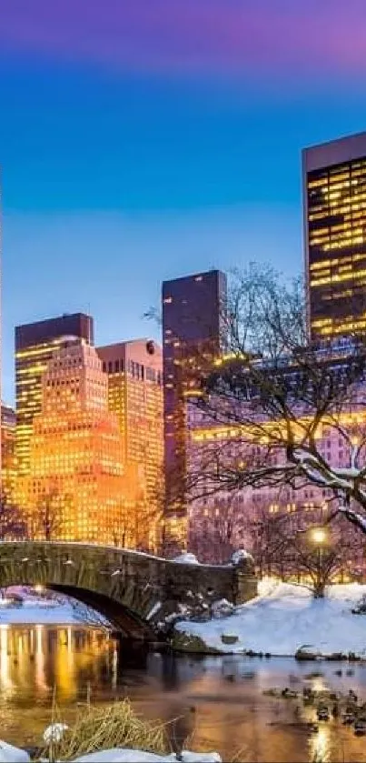 New York winter skyline at sunset with snow-covered Central Park.