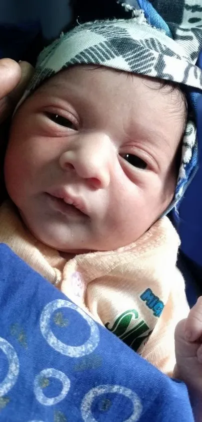 Close-up of a newborn baby wrapped in a blue patterned blanket.