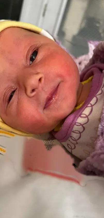 Newborn baby in yellow hat with purple blanket.