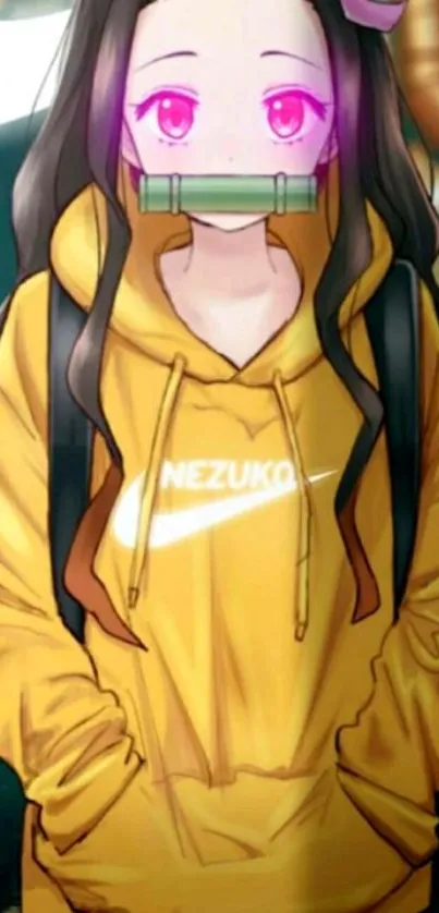 Anime character Nezuko in yellow hoodie wallpaper.