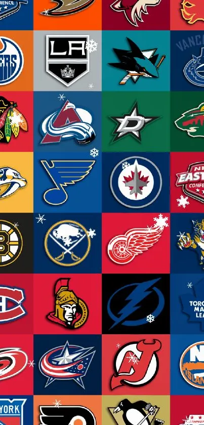 Colorful collage of NHL team logos wallpaper.