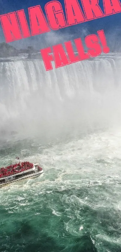 Vibrant Niagara Falls with tour boat in misty waters.