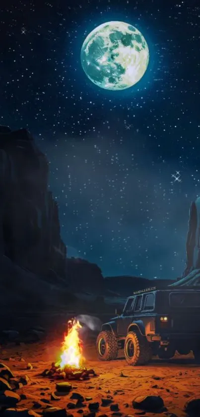 Night scene with a jeep, campfire, and moonlit sky in a canyon.