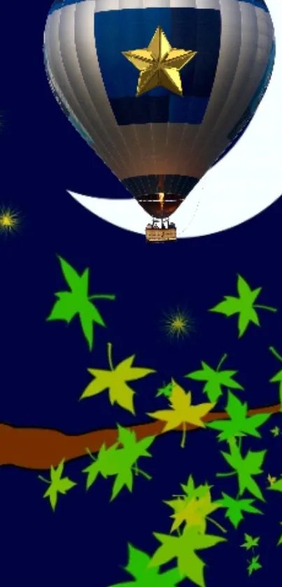 A whimsical night scene with a hot air balloon, green leaves, and crescent moon.