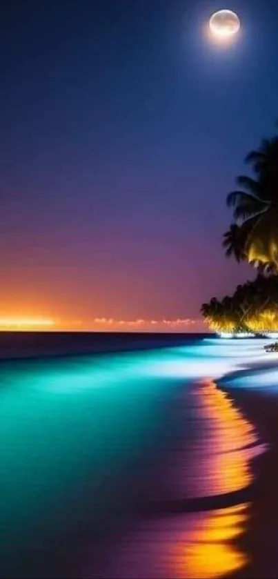 Moonlit beach with vibrant reflections and palm trees.