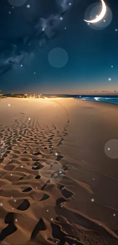 Serene night beach scene under a crescent moon with sand dunes and starry sky.