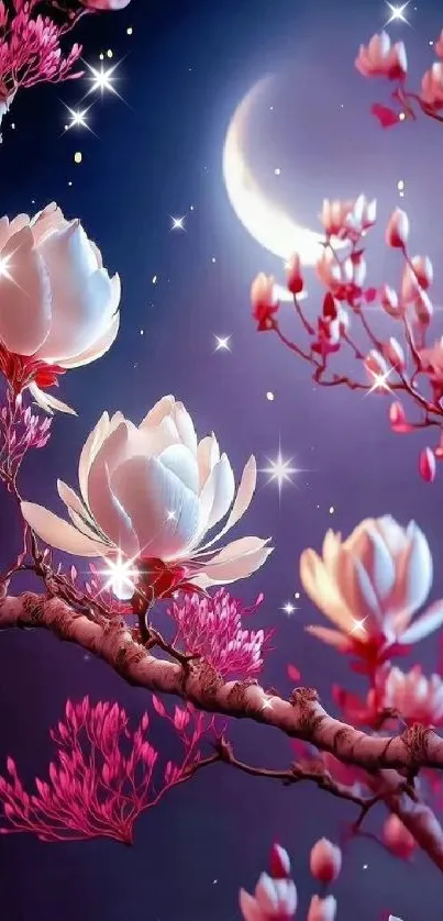 A serene night scene with moonlit flowers and vibrant colors designed for mobile wallpaper.