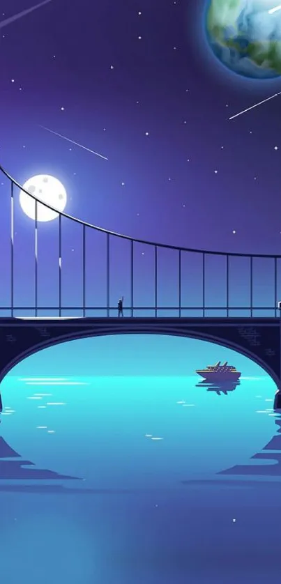 Fantasy night scene with bridge and glowing planet over water.