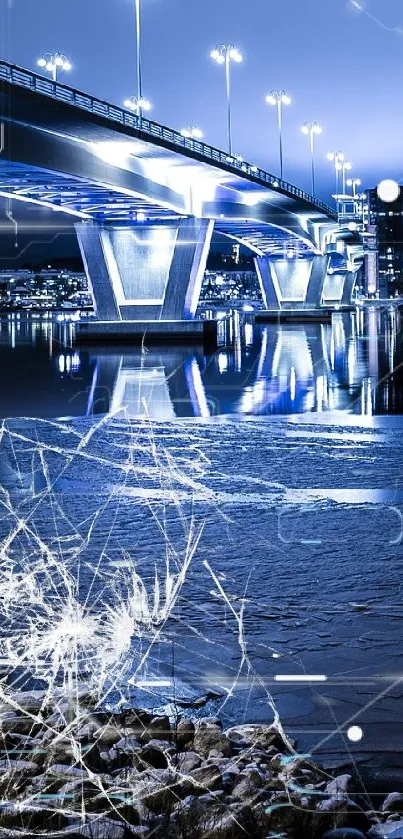 Nighttime bridge reflection on serene waters with city lights.