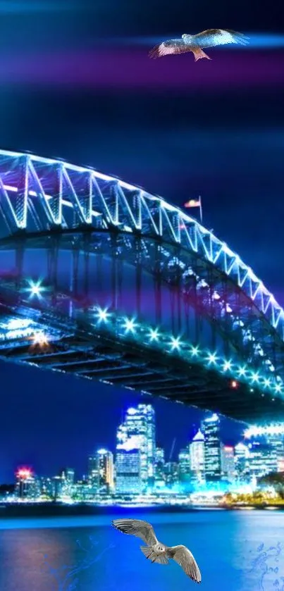 Modern urban night bridge with neon lights and birds in flight.