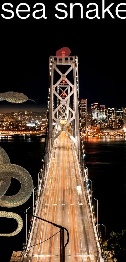 Sea snake slithering over a lit city bridge at night with urban skyline.