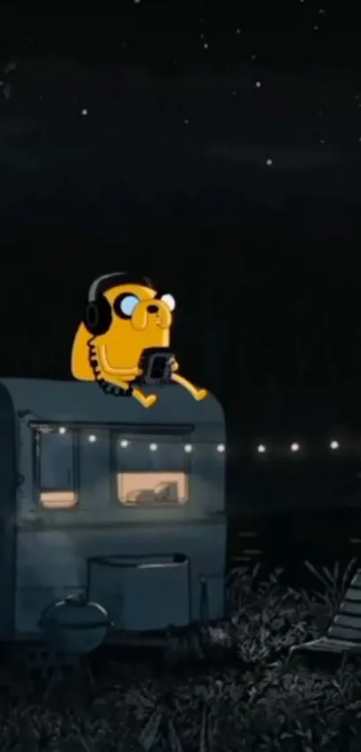 Vibrant cartoon night scene with character on camper.