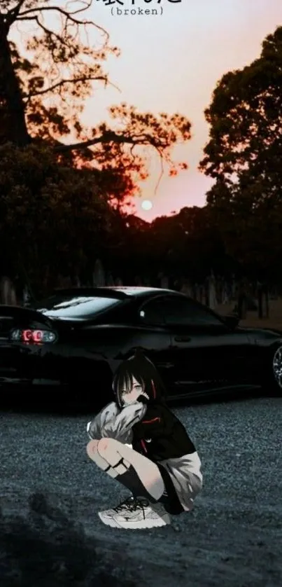 Anime girl next to car under sunset sky.