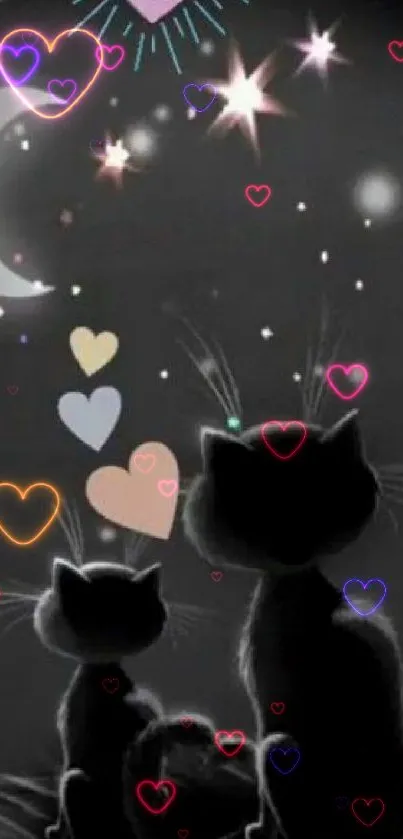 Silhouetted cats with hearts and stars in a moonlit night sky wallpaper.