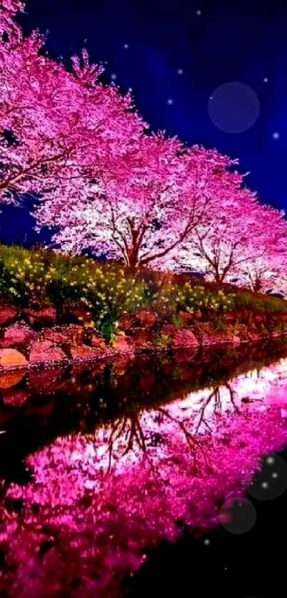 Cherry blossoms reflecting on water under a night sky.