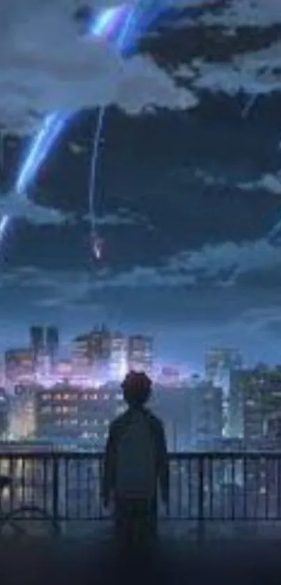 Anime cityscape with meteor shower at night.