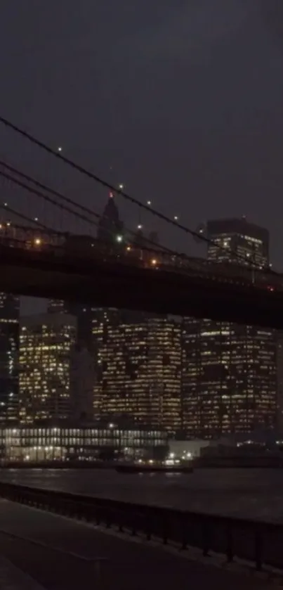 Night view of a city skyline with a brightly lit bridge.