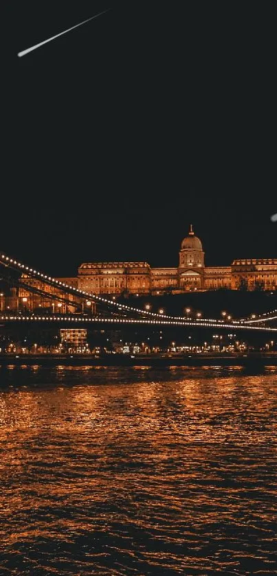 Night city bridge with glowing lights and reflections on water.