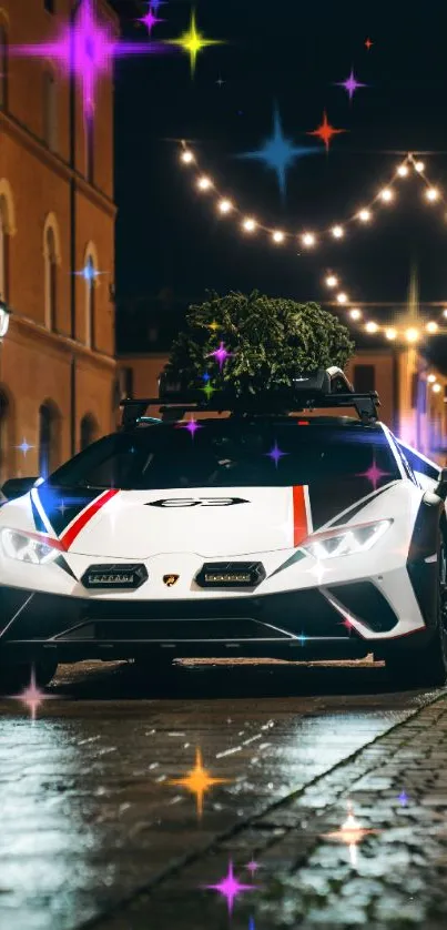 White sports car with tree, night city.