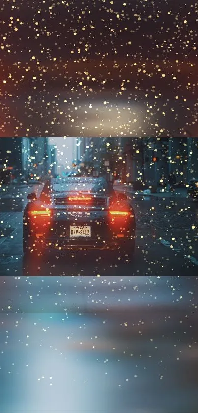 Car at night in city with golden sparkles.