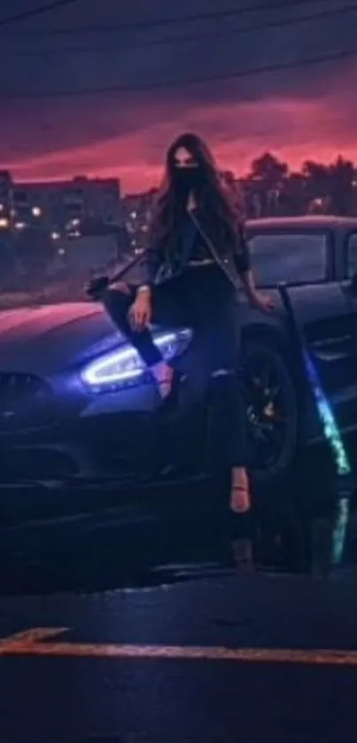 Sleek car with glowing headlights in vibrant city nightscape.