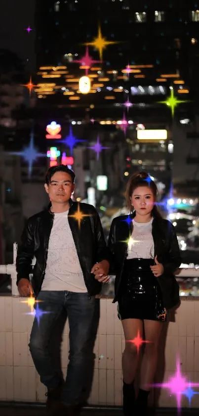 Fashionable couple in city at night.