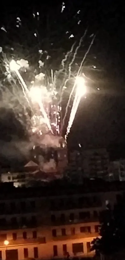 Nighttime city skyline with fireworks display lighting up the sky.