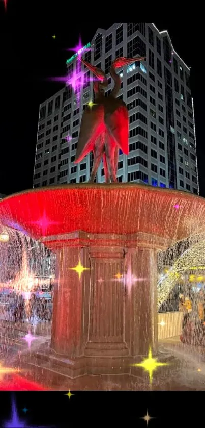 Vibrant city night with glowing fountain and lit buildings.