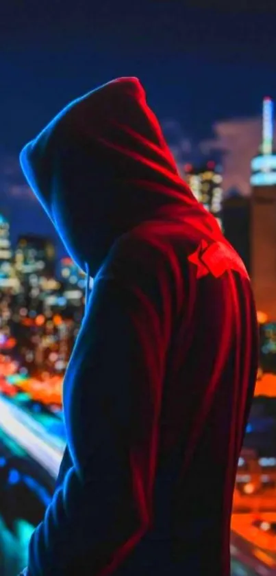 Hooded silhouette in vibrant cityscape at night with neon lights.