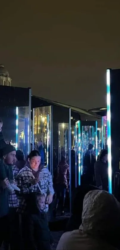 Dark urban scene with glowing lights and reflections at night.