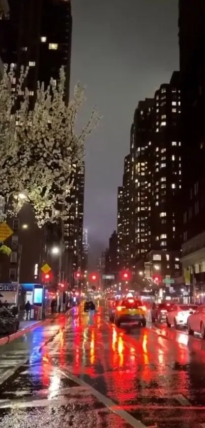 Night city street with vibrant lights reflecting on wet pavement.